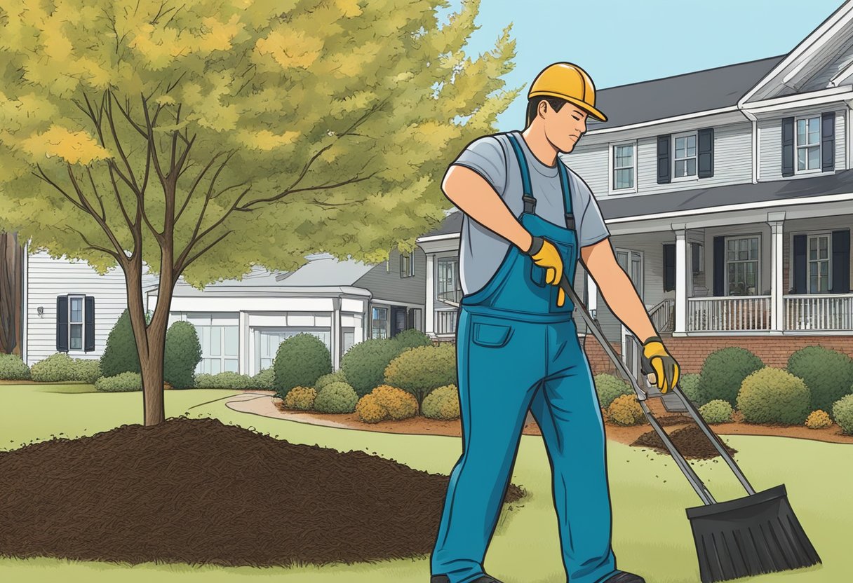 A person trimming tree branches, raking leaves, and applying mulch in a North Carolina yard