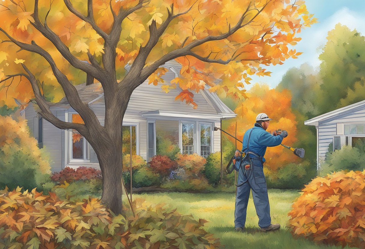 A professional arborist trims and prunes trees in a North Carolina backyard, surrounded by colorful autumn foliage