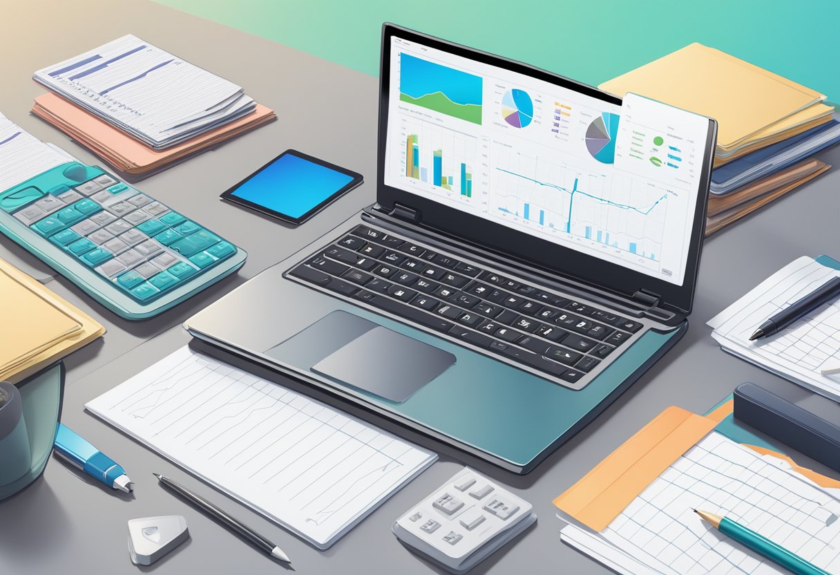 A laptop and calculator sit on a tidy desk, surrounded by notebooks and pens. A stack of financial documents and charts is neatly organized nearby