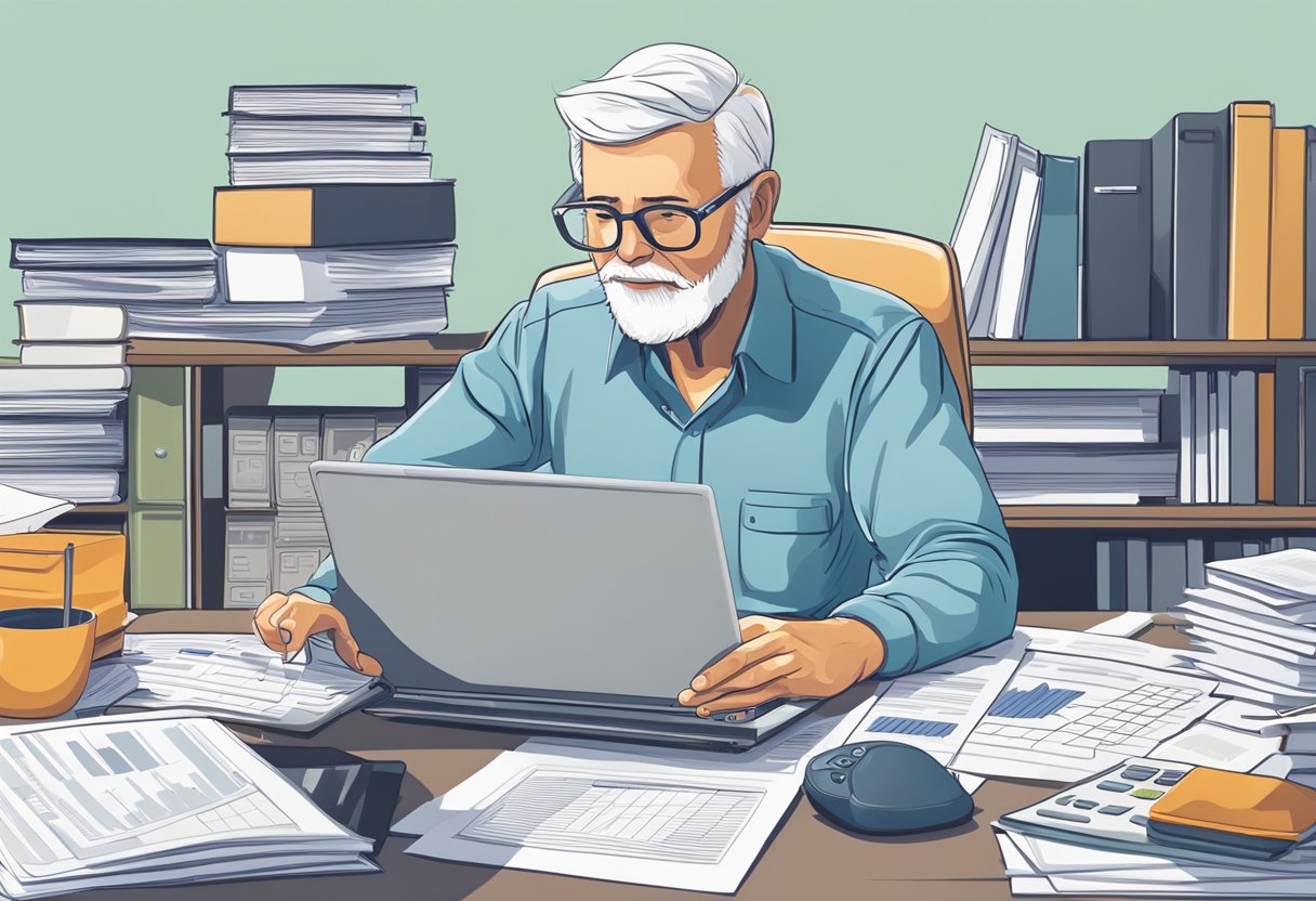 A senior sits at a desk with a laptop and papers, researching affiliate marketing. A calculator and financial documents are spread out in front of them