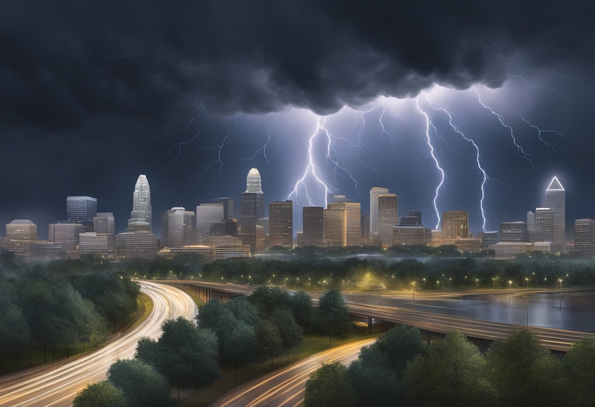 A dark, swirling storm cloud looms over the city skyline, lightning flashes and thunder rumbles as heavy rain pours down on the streets of Charlotte, NC