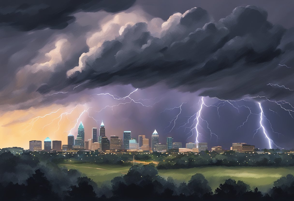 Dark clouds loom over Charlotte, NC. Trees bend in the wind as rain pelts the ground. Lightning flashes across the sky, illuminating the cityscape