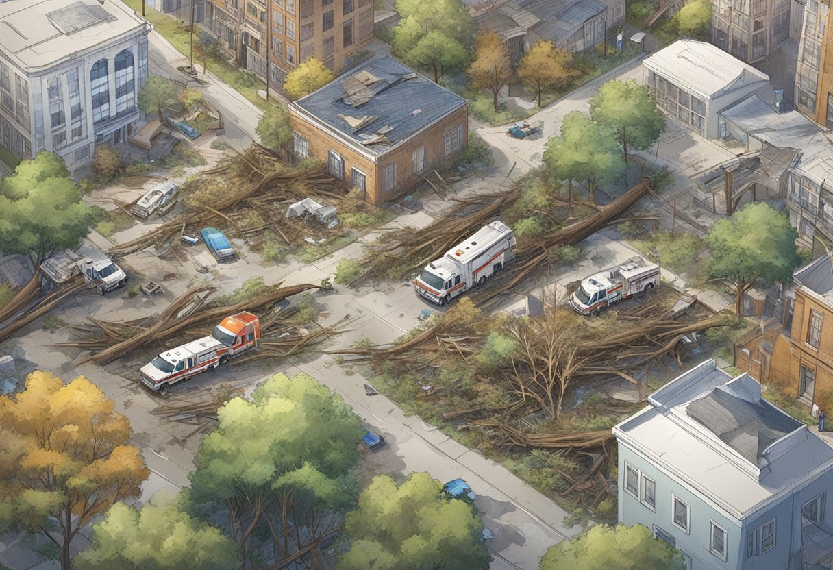 A storm-ravaged cityscape with damaged buildings, fallen trees, and emergency response vehicles in Charlotte, NC