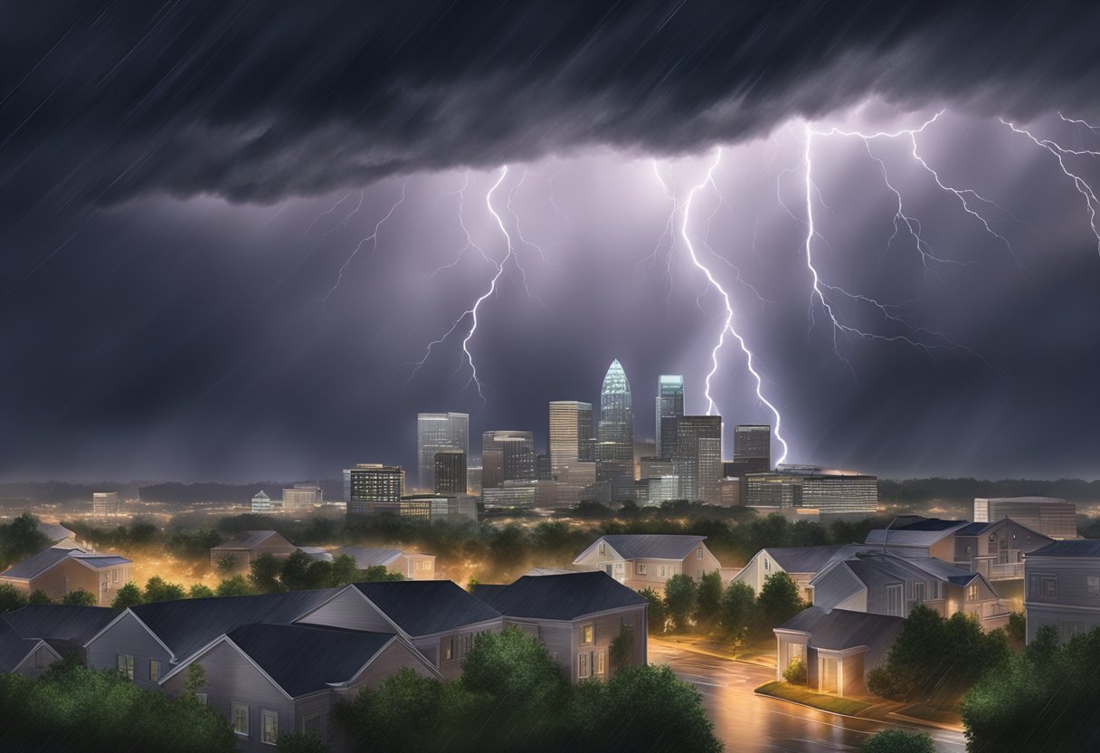 A dark storm cloud looms over the city skyline, lightning strikes in the distance, and heavy rain pours down on the streets of Charlotte, NC