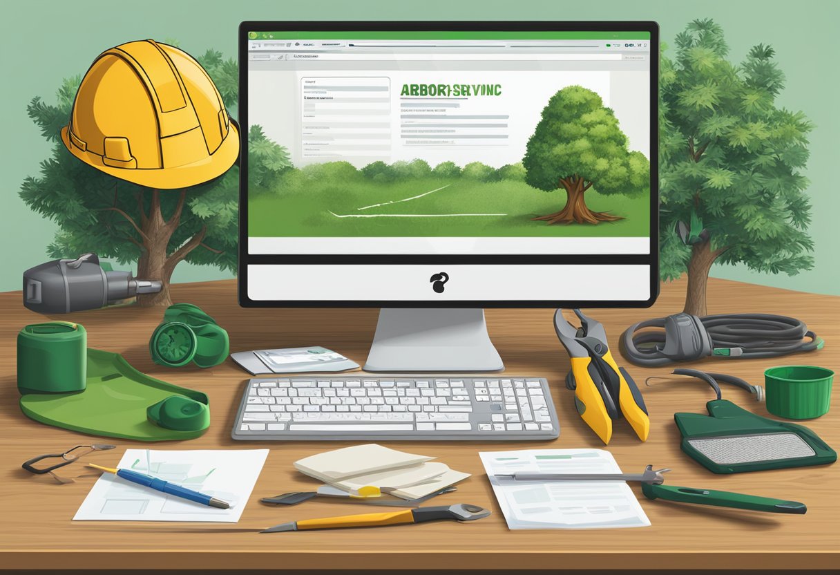 A tree service company's logo and list of top 10 questions displayed on a computer screen. An arborist's tools and safety gear are scattered on a workbench