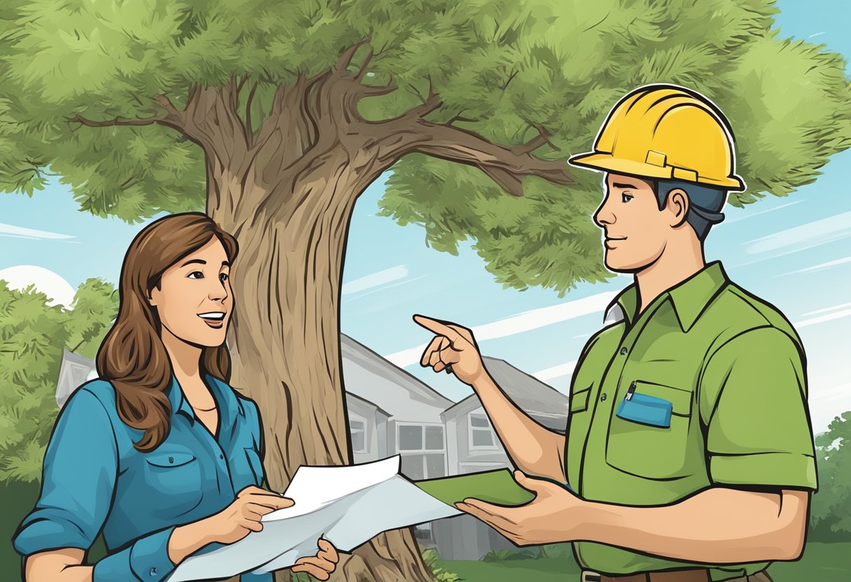 A tree service company representative answering questions from a customer about pricing and estimates. The customer is holding a list of top 10 questions. The representative is gesturing and explaining