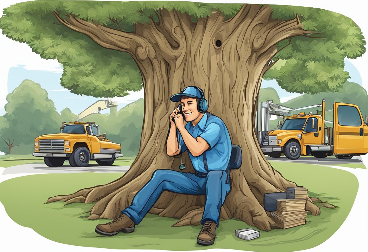 A tree service company representative answering phone calls and addressing customer inquiries about services, pricing, availability, and expertise