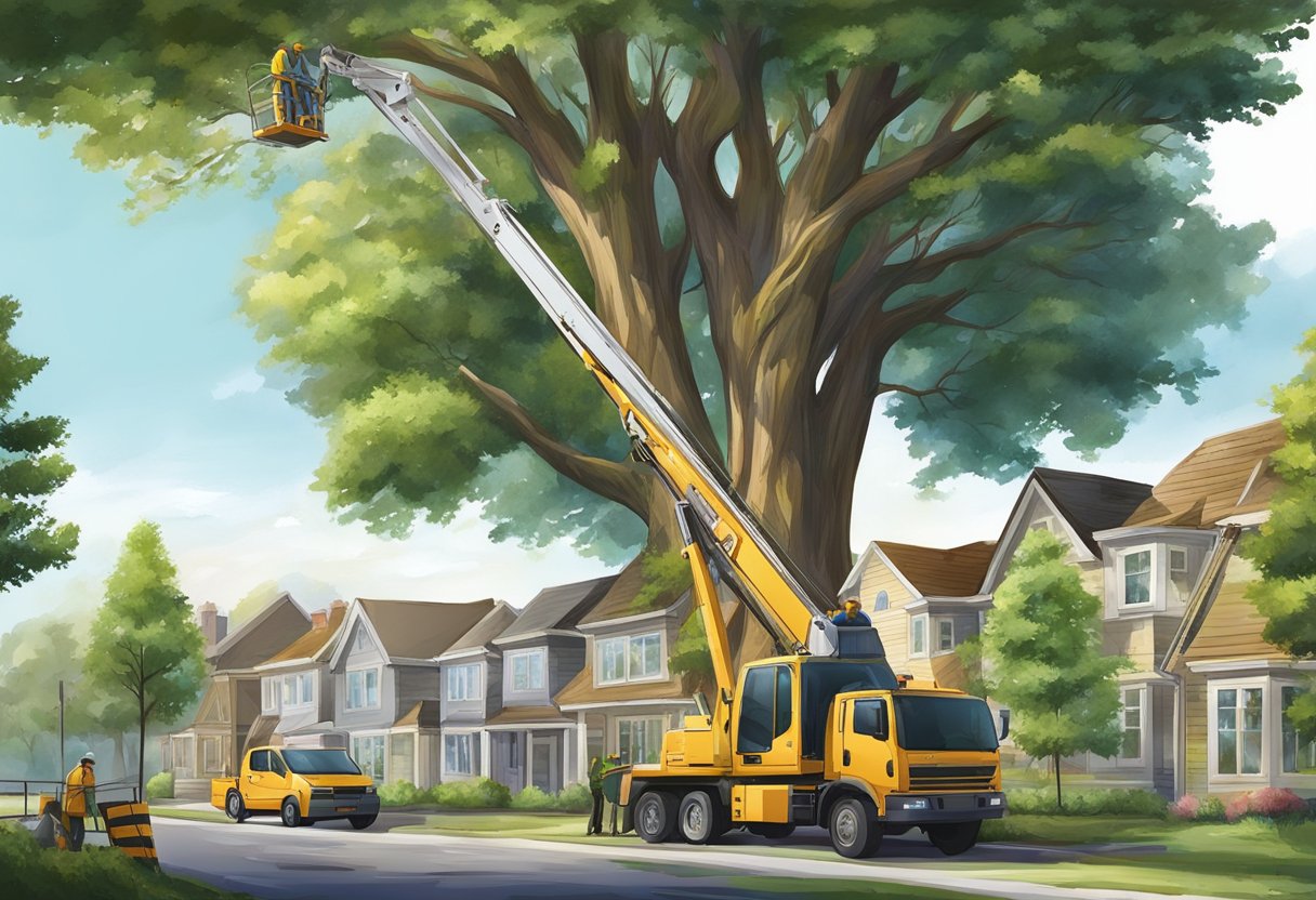 A towering tree being safely and efficiently removed by skilled workers with specialized equipment in a residential area