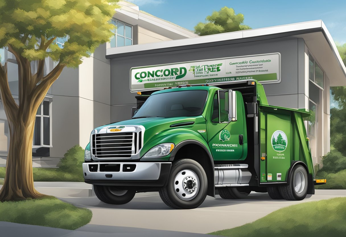 A tree removal truck with "Concord Tree" logo parked in front of a certification office. Various licensing and certification plaques displayed on the wall