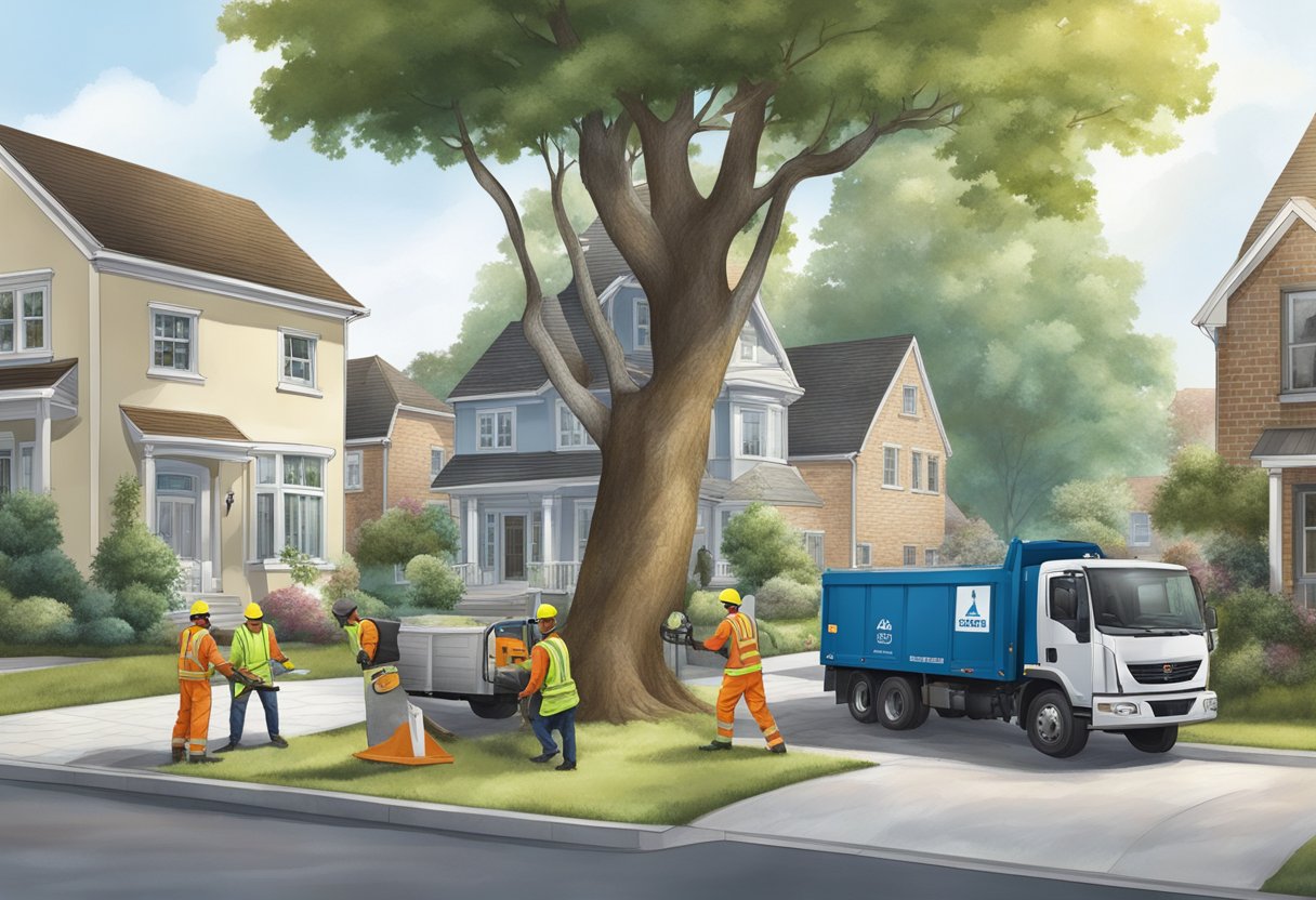 A team of workers in safety gear removing a large tree in a residential area, with clear signage displaying the company name and safety standards