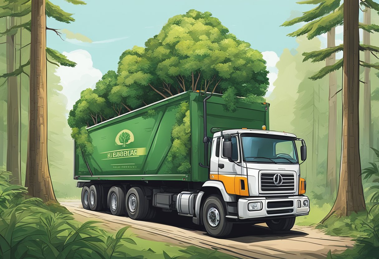 A lush forest with a diverse range of trees, a clear sky, and a company logo on a truck removing a tree with care