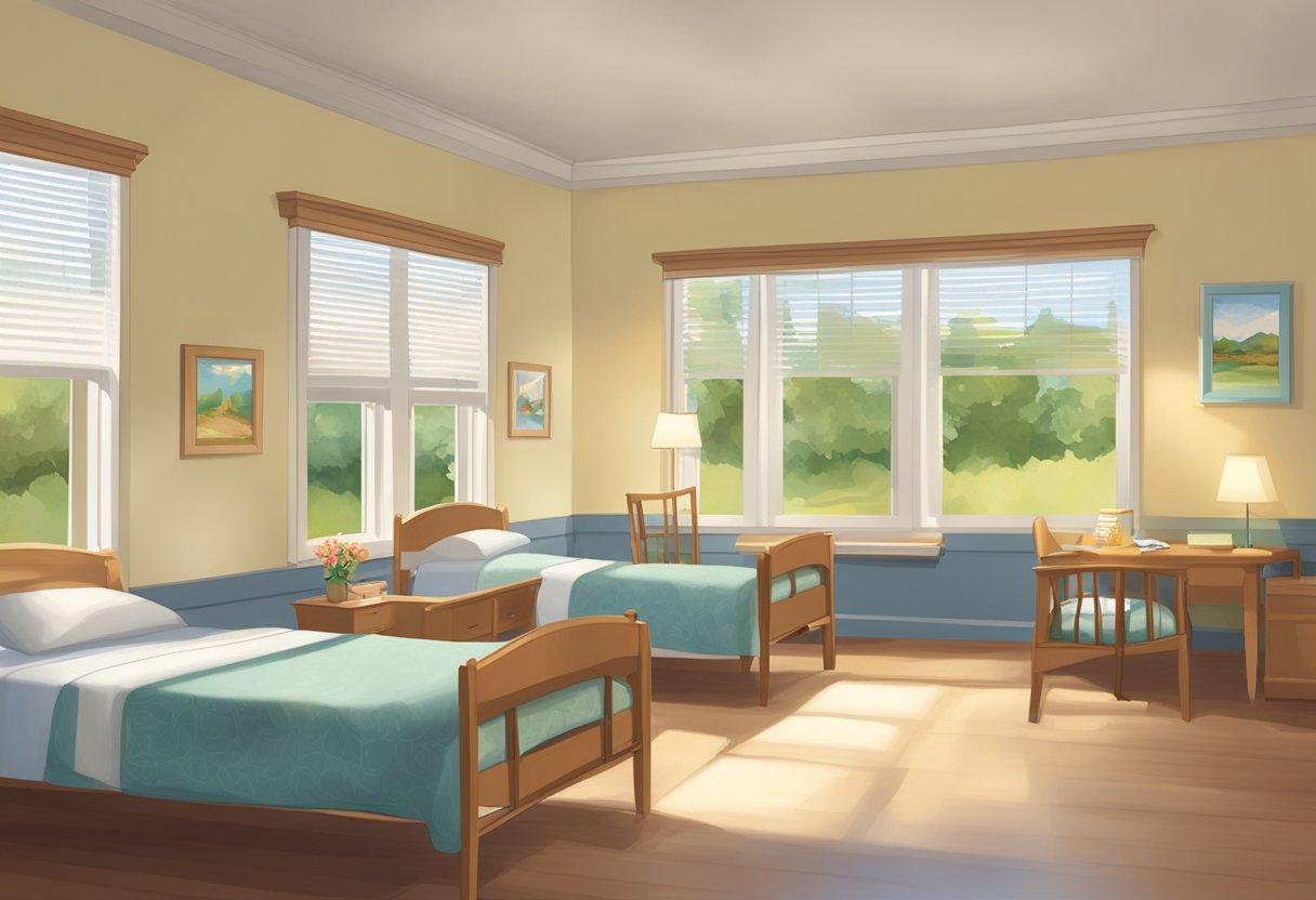 A peaceful room in Rae Ann Nursing Center, with soft light filtering through the window and a comfortable bed surrounded by comforting touches