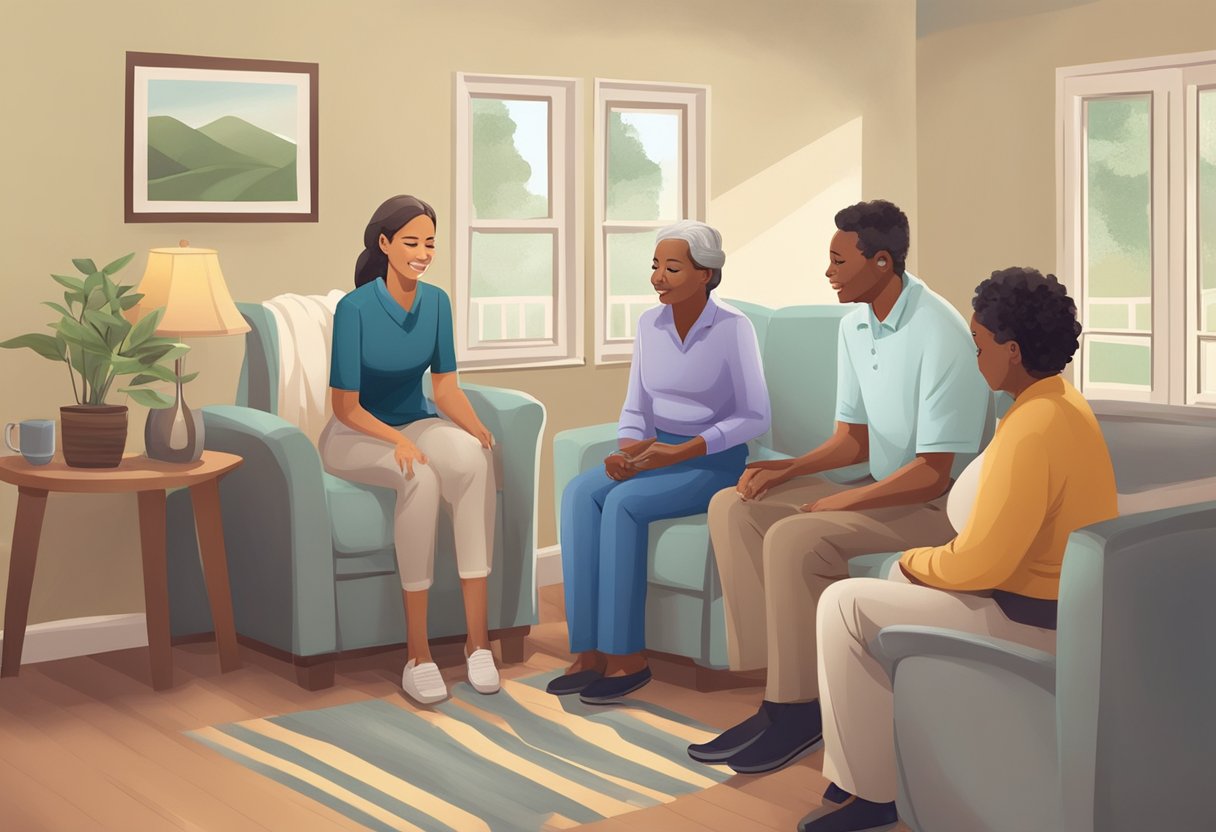 A hospice care representative discusses insurance and payment options with a family in a quiet, comforting room at Rae Ann Nursing Center