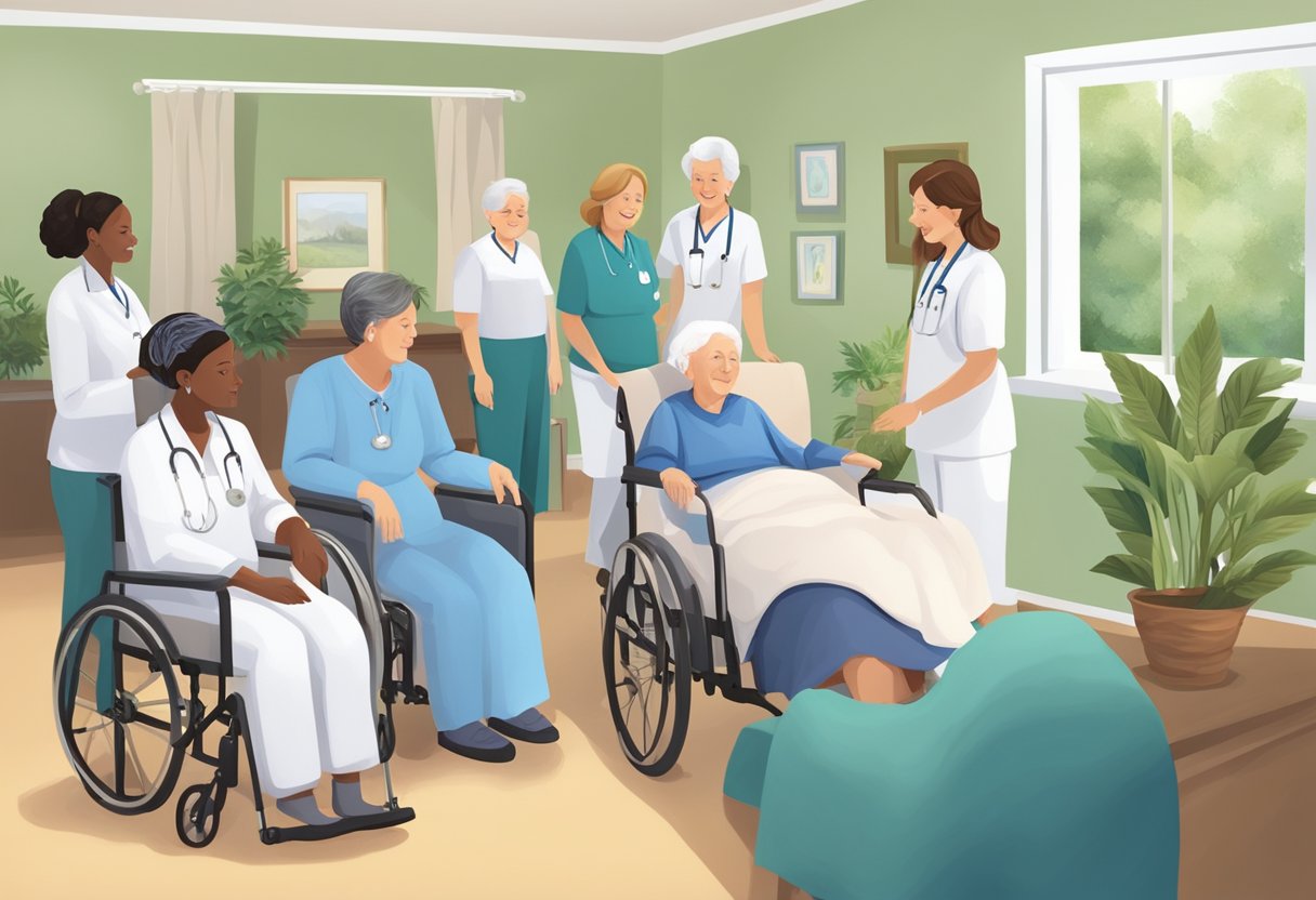 A group of staff and caregivers provide hospice care at Rae Ann Nursing Center, offering support and comfort to patients in a peaceful and serene environment