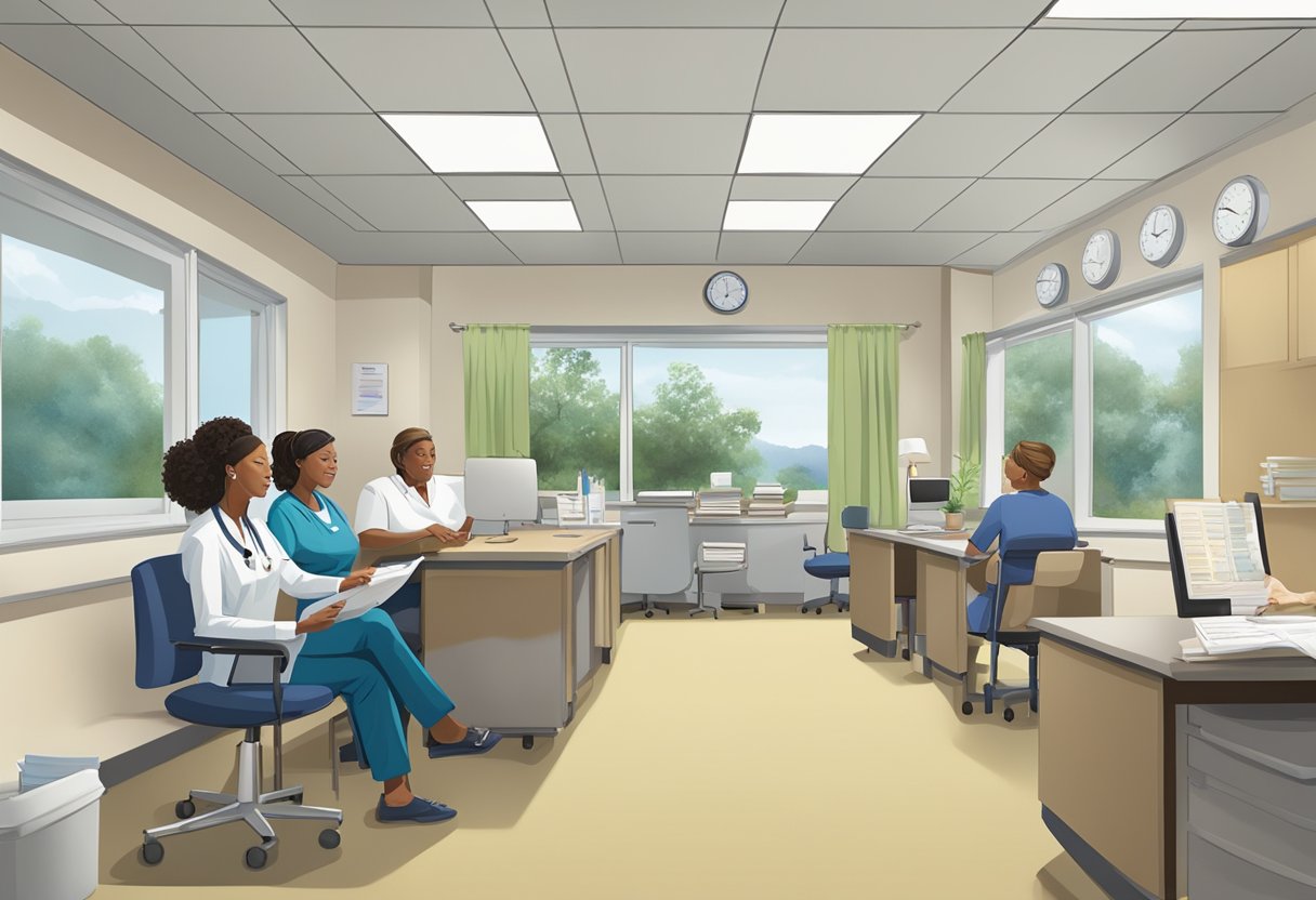 A nurse reviews patient charts and communicates with staff in a calm, organized office at Rae Ann Nursing Center