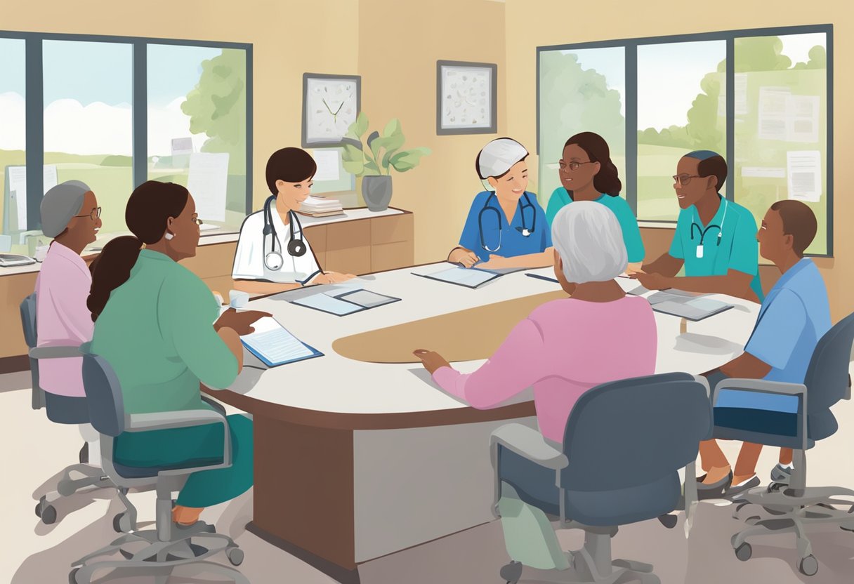 A group of people gathered around a desk, asking questions about hospice care at Rae Ann Nursing Center. A nurse provides information and reassurance