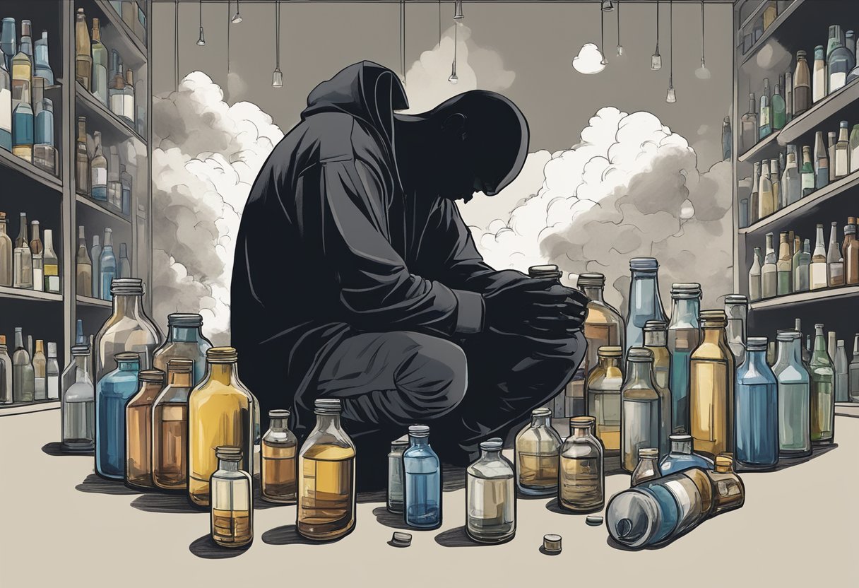 A dark figure hunched over, surrounded by empty pill bottles and alcohol containers, with a cloud of despair hanging overhead