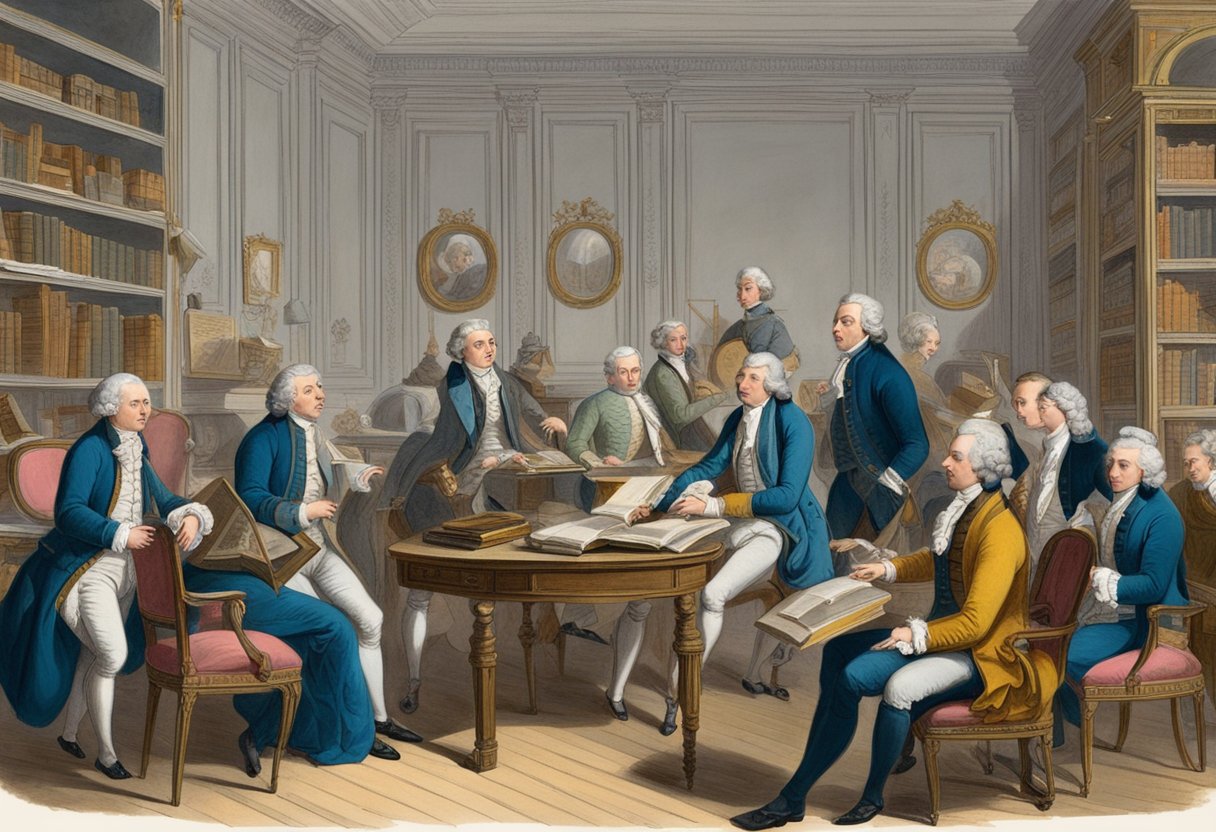 A bustling 18th-century Parisian salon with intellectuals engaged in passionate discussions, surrounded by books, art, and scientific instruments