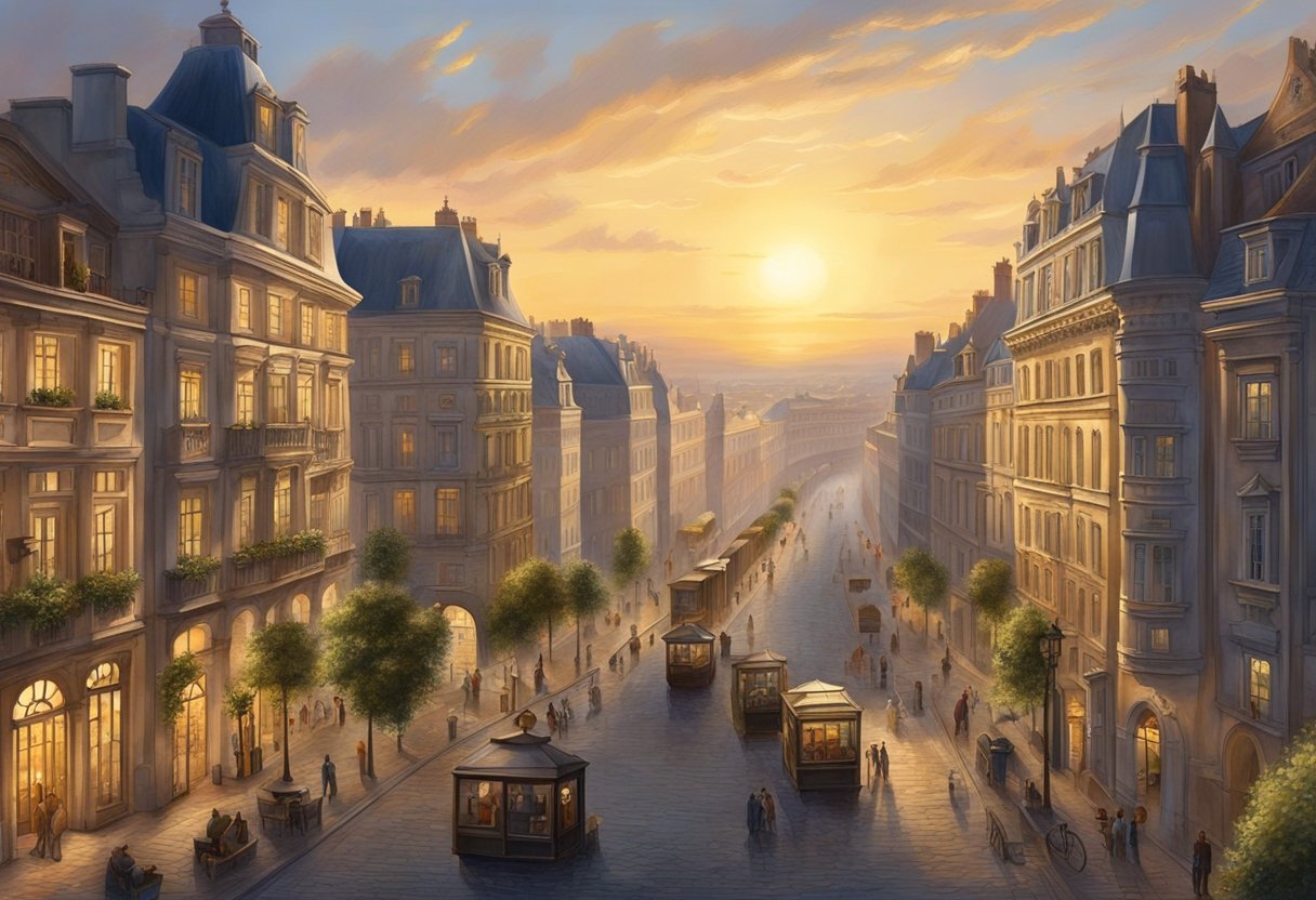 The sun rises behind a grand European city, with ornate buildings and bustling streets. The atmosphere is one of intellectual curiosity and artistic expression, as scholars and artists gather to discuss new ideas