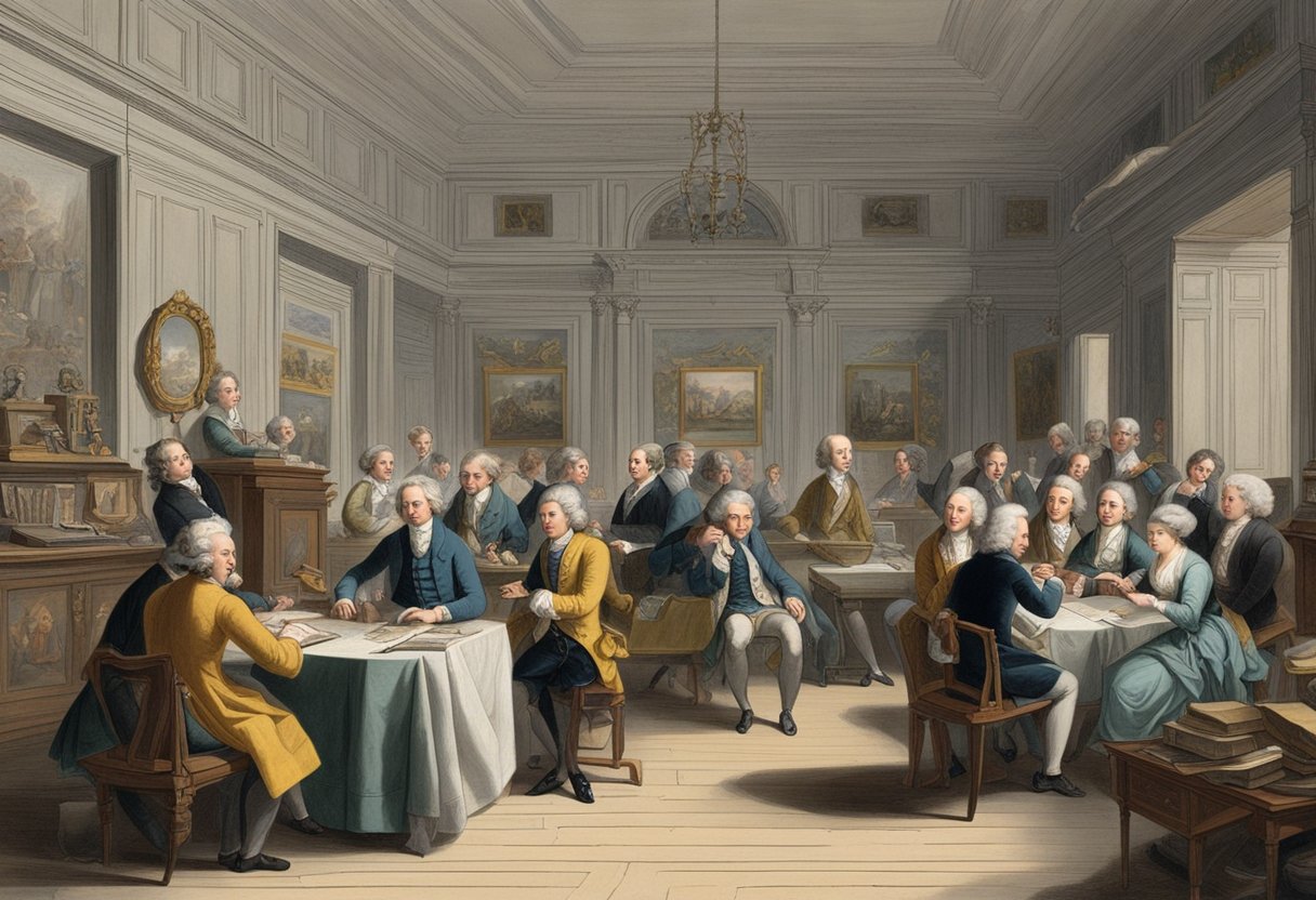 A bustling 18th-century salon with intellectuals engaged in lively discussions, surrounded by books, scientific instruments, and classical art