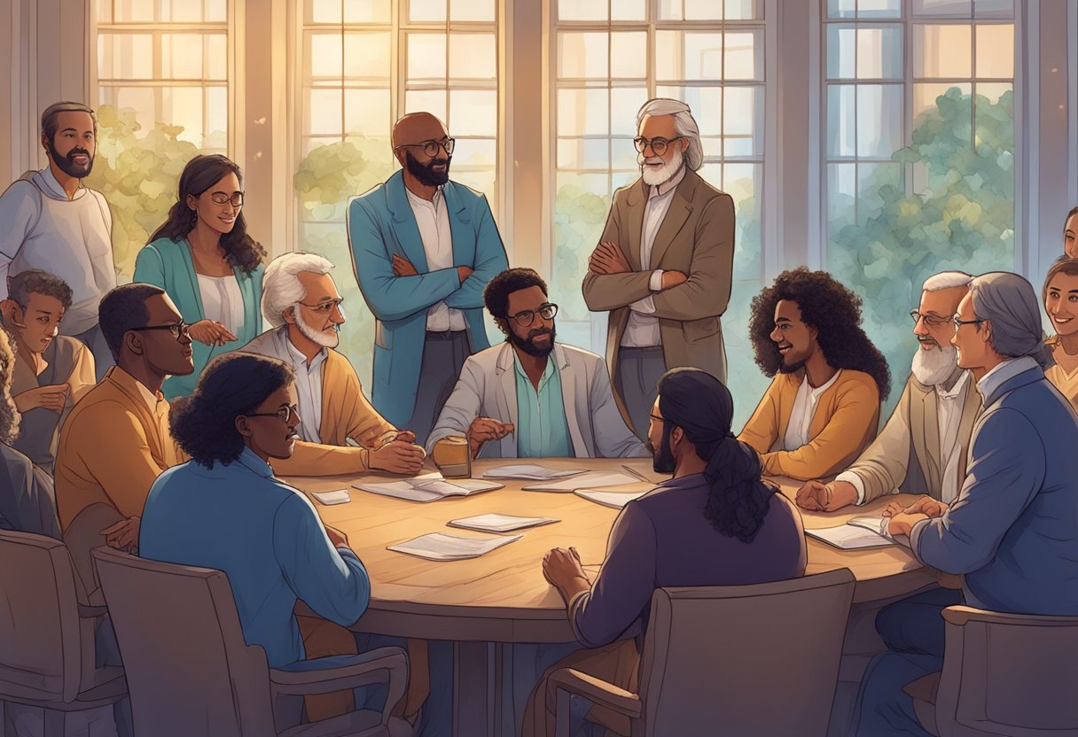 A diverse group of people engage in lively discussions and collaborative activities, symbolizing the power of community and participation during Cardano's Age of Voltaire