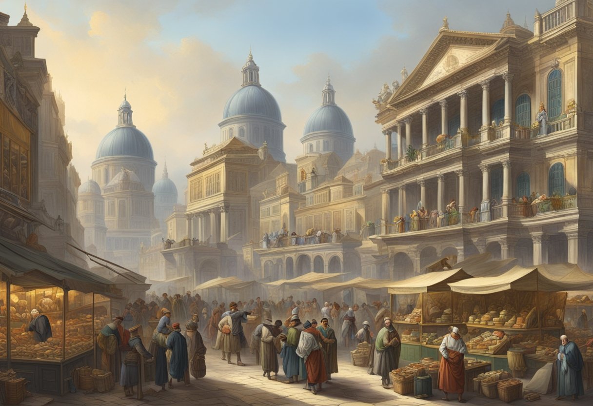 A bustling marketplace in the Age of Voltaire, with merchants trading goods and exchanging currency, while surrounded by towering buildings and ornate architecture