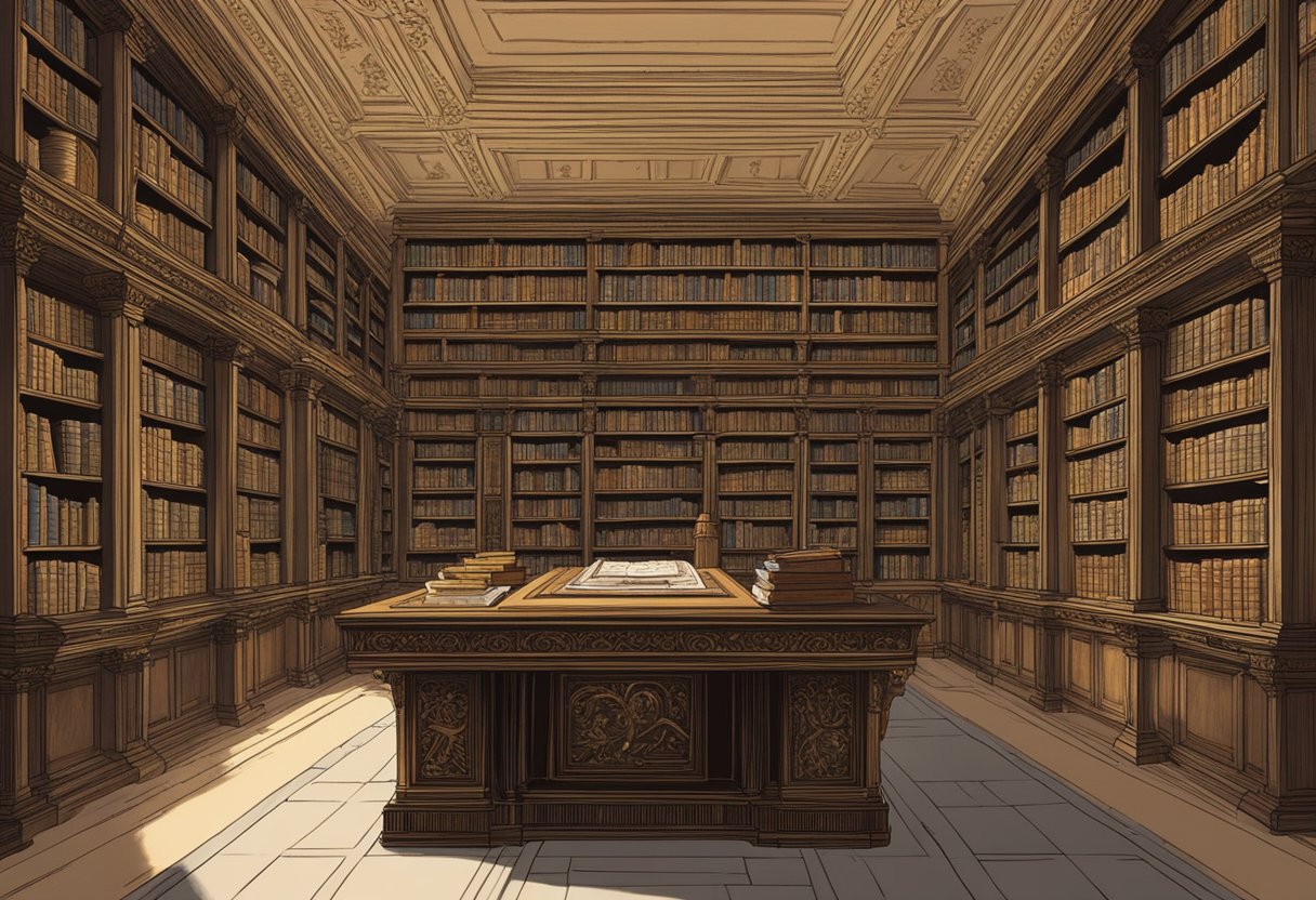 A grand library with shelves of ancient tomes, a bust of Cardano, and a table covered in scrolls and quill pens