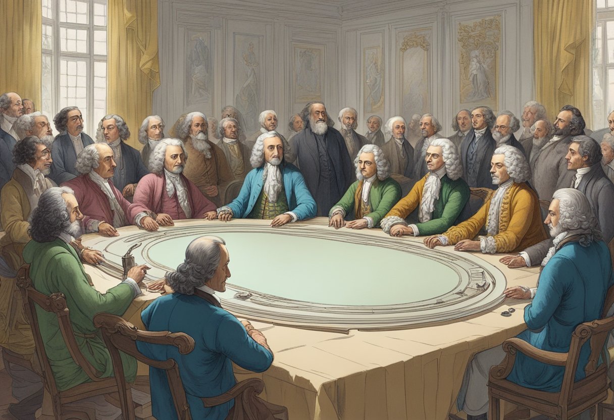 A group of figures gather around a table, discussing Cardano Improvement Proposals. The room is filled with the spirit of the Age of Voltaire