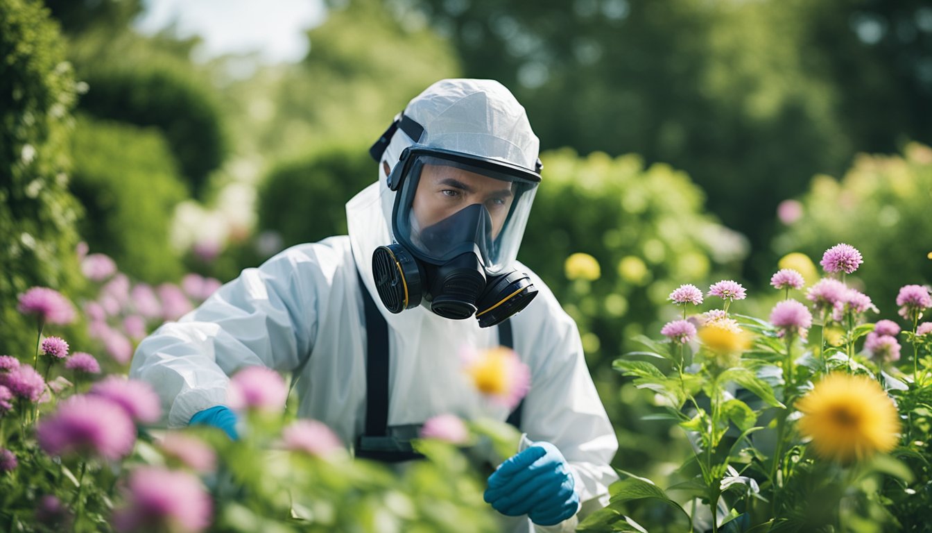 A pest management professional applies pesticide to a garden, wearing protective gear and following safety guidelines