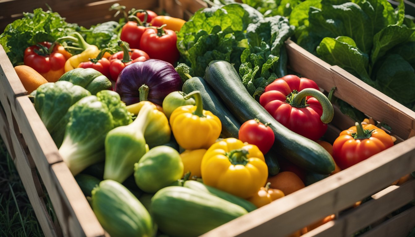 Vegetables being harvested and stored in a wooden crate, ready for planting in September. The scene includes a variety of colorful produce and gardening tools