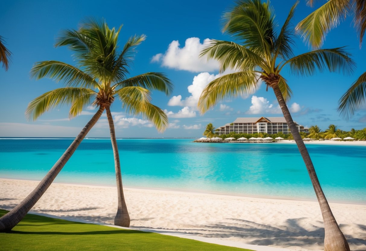 A tropical beach with palm trees, clear blue water, and a luxurious beach resort in the background