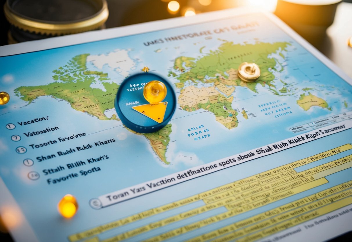 A map with various vacation destinations marked, surrounded by a list of questions and answers about Shah Rukh Khan's favorite spots