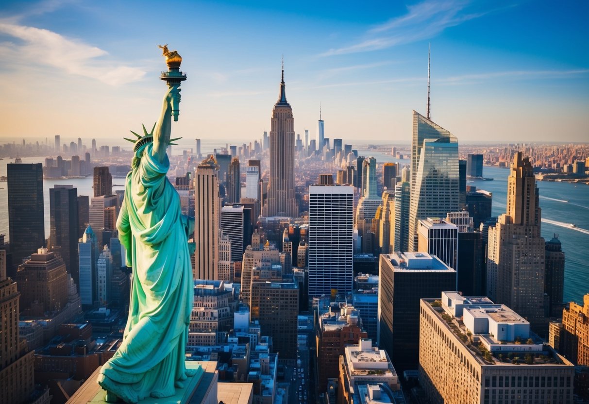 A bustling cityscape with iconic landmarks like the Statue of Liberty, Empire State Building, and Times Square. Vibrant street scenes, diverse neighborhoods, and famous museums and galleries