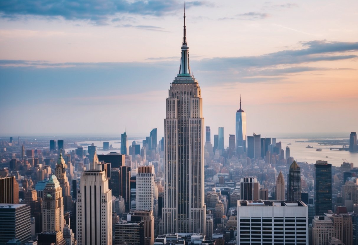 The Empire State Building stands tall amidst the bustling cityscape, its iconic art deco architecture reaching towards the sky