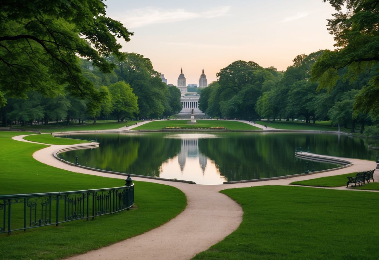 A serene scene in Central Park with lush greenery, winding pathways, a tranquil lake, and iconic landmarks like Bow Bridge and Bethesda Terrace