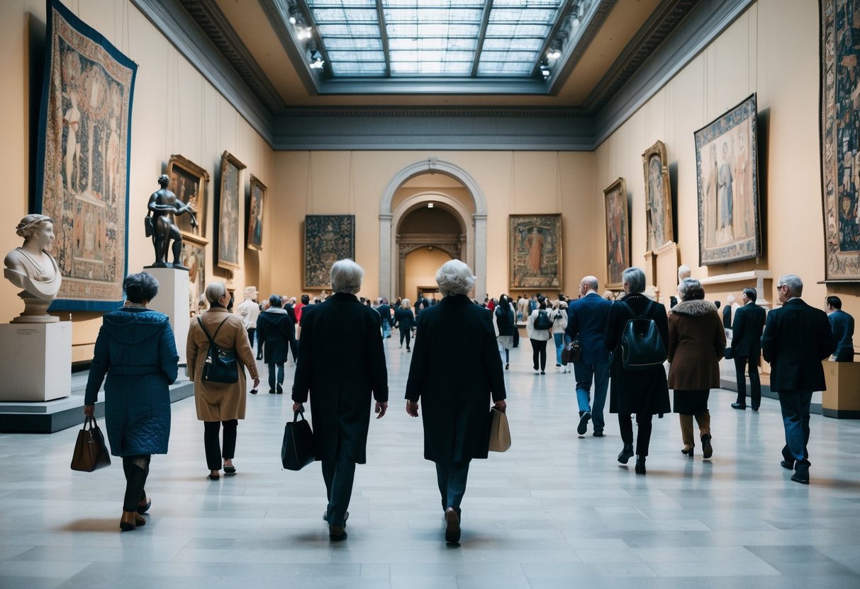 Visitors stroll through the grand halls of the Metropolitan Museum of Art, admiring ancient sculptures, intricate tapestries, and priceless paintings