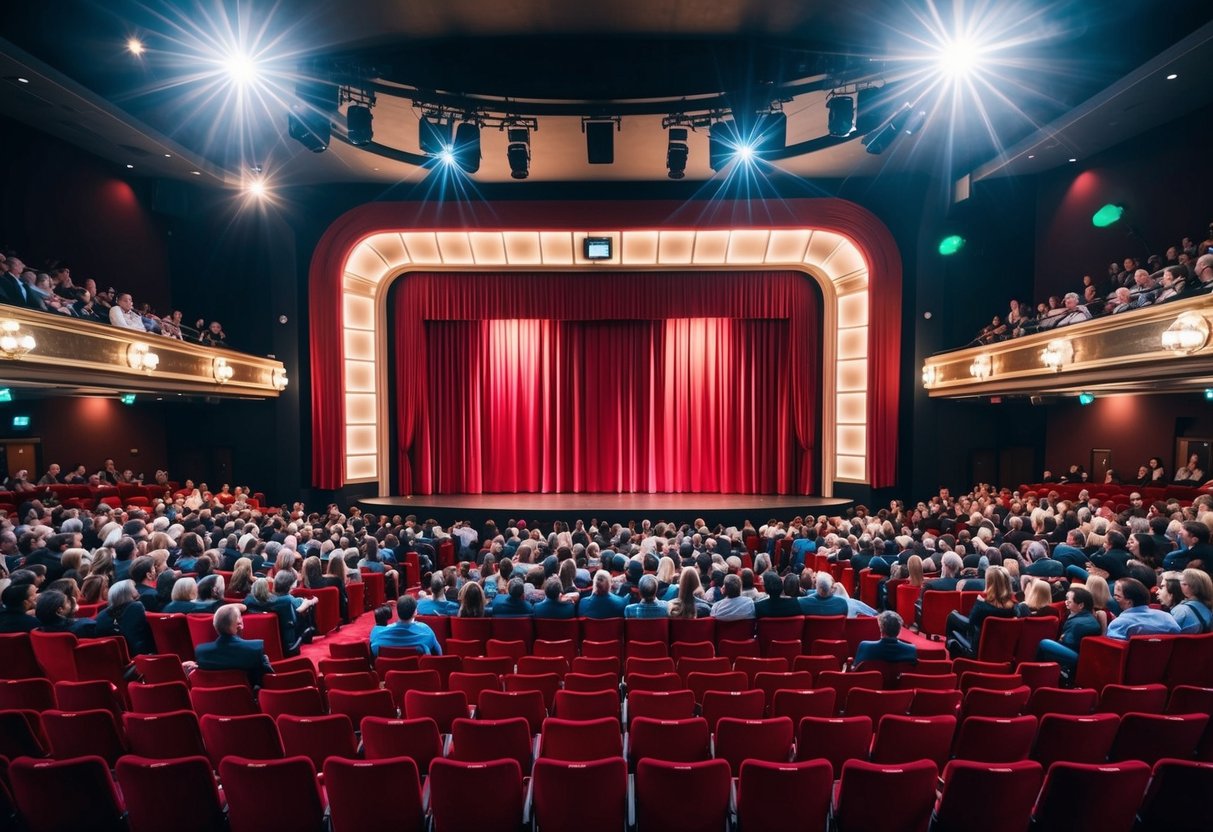 Crowded theater with a grand stage, red velvet curtains, and rows of plush seats. Bright lights illuminate the space, and the air is filled with excitement and anticipation