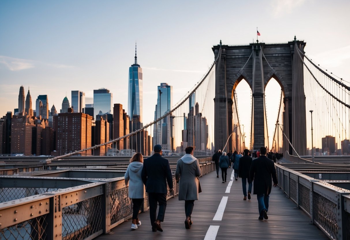 People stroll across the iconic Brooklyn Bridge, with the Manhattan skyline in the background. The sun is setting, casting a warm glow over the scene