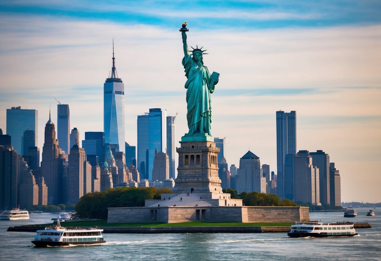 The Statue of Liberty stands tall against the New York City skyline, with boats and ferries passing by in the harbor