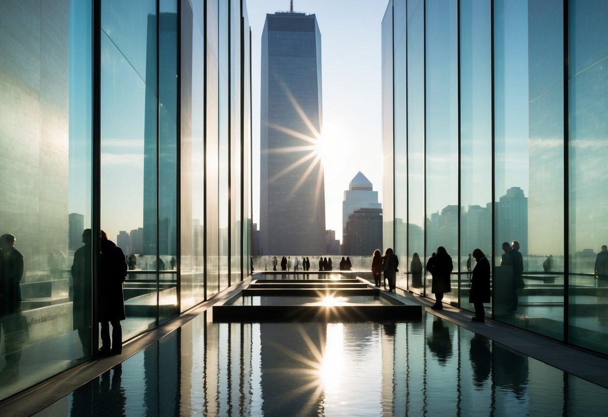 Sunlight streams through the glass panels of the 9/11 Memorial & Museum, illuminating the reflective pools and somber artifacts. Visitors quietly pay their respects