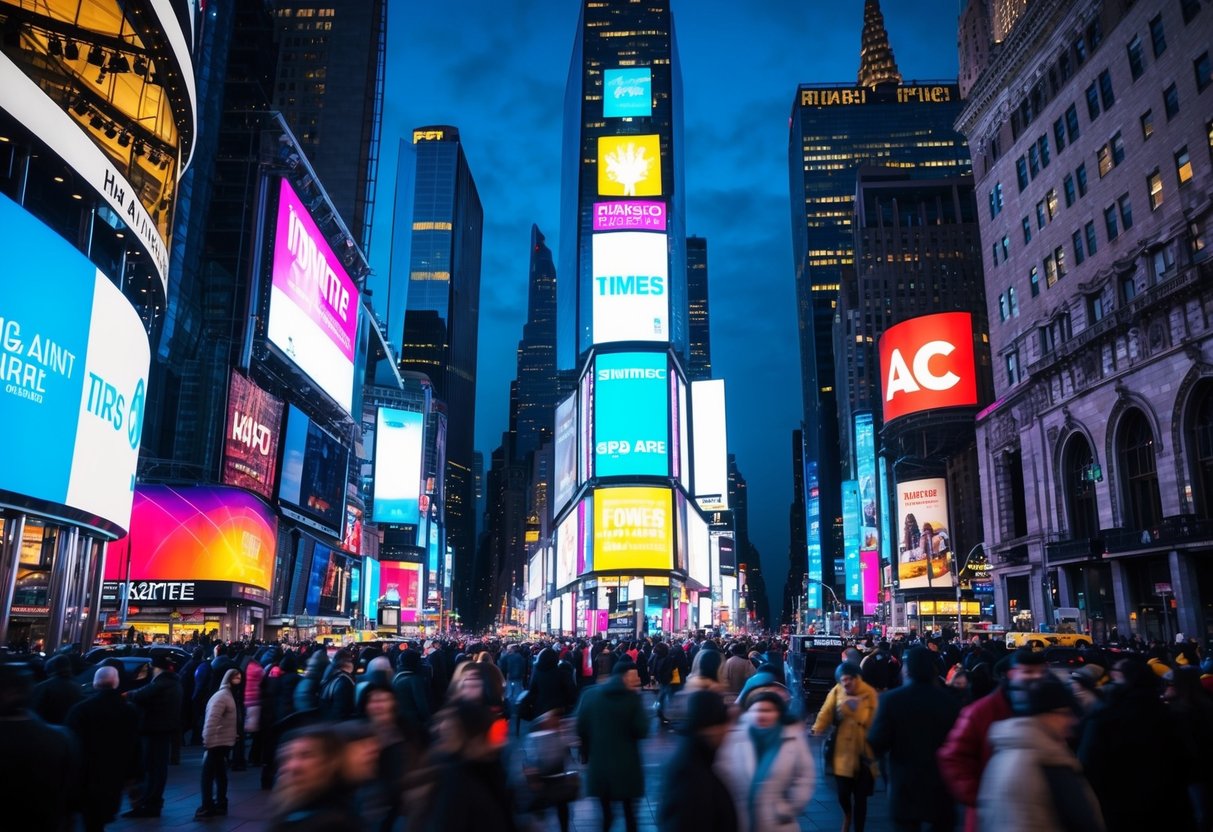 Bright lights illuminate Times Square, with towering skyscrapers and bustling crowds below. Iconic billboards and advertisements adorn the buildings, creating a vibrant and energetic atmosphere