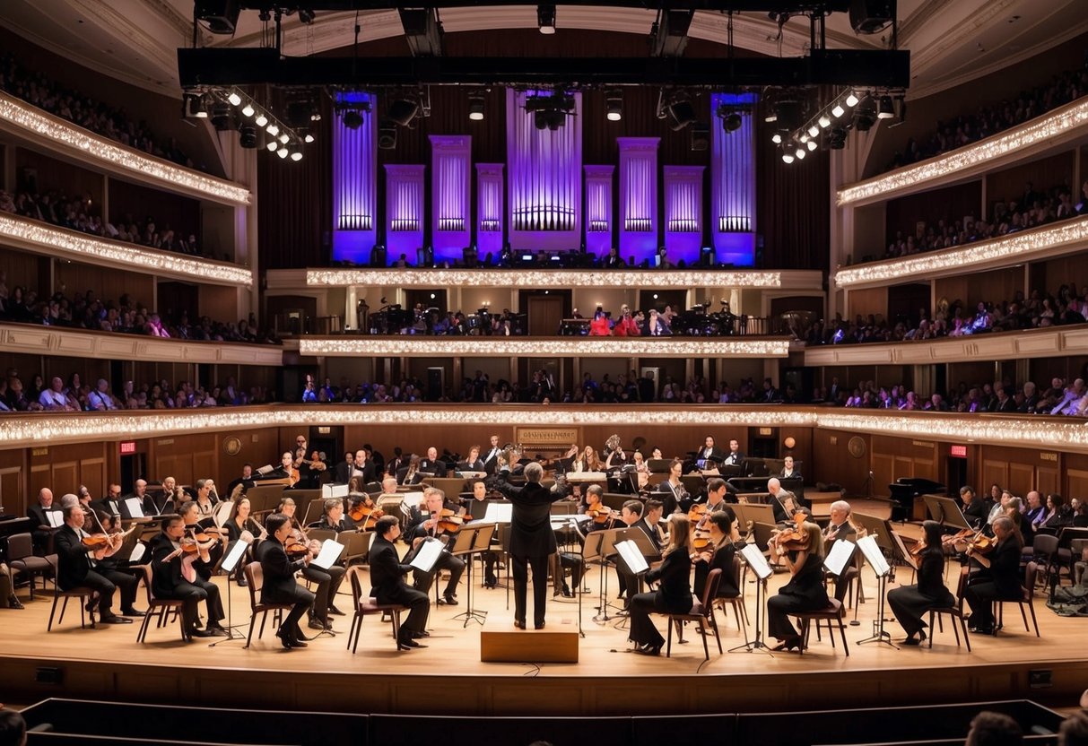 The grand stage at Carnegie Hall is filled with vibrant performers, captivating the audience with their music and artistry