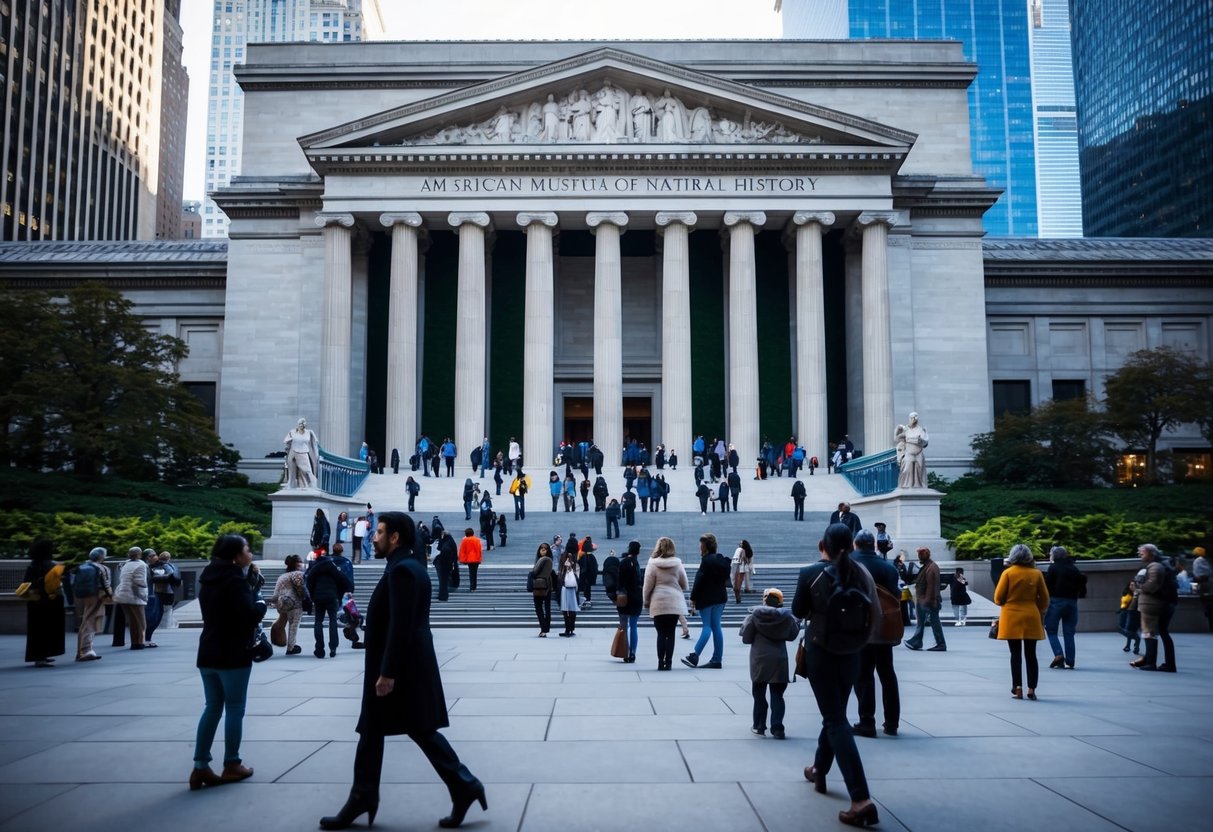 The iconic facade of the American Museum of Natural History stands tall against a backdrop of skyscrapers, with visitors milling around the entrance