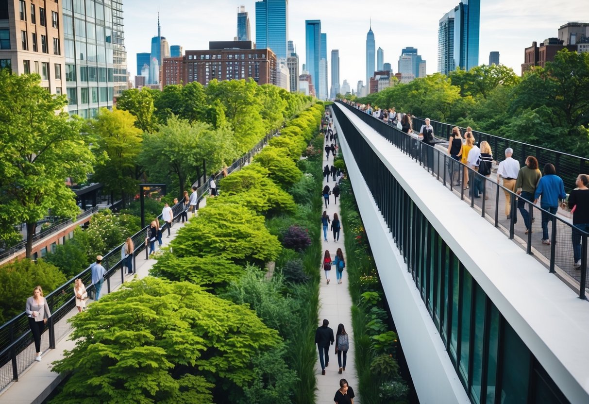 Aerial view of the High Line park with lush greenery, modern architecture, and people strolling along the elevated walkway