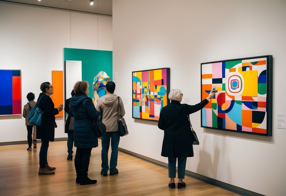 Visitors admiring colorful abstract paintings and sculptures at the Museum of Modern Art in NYC