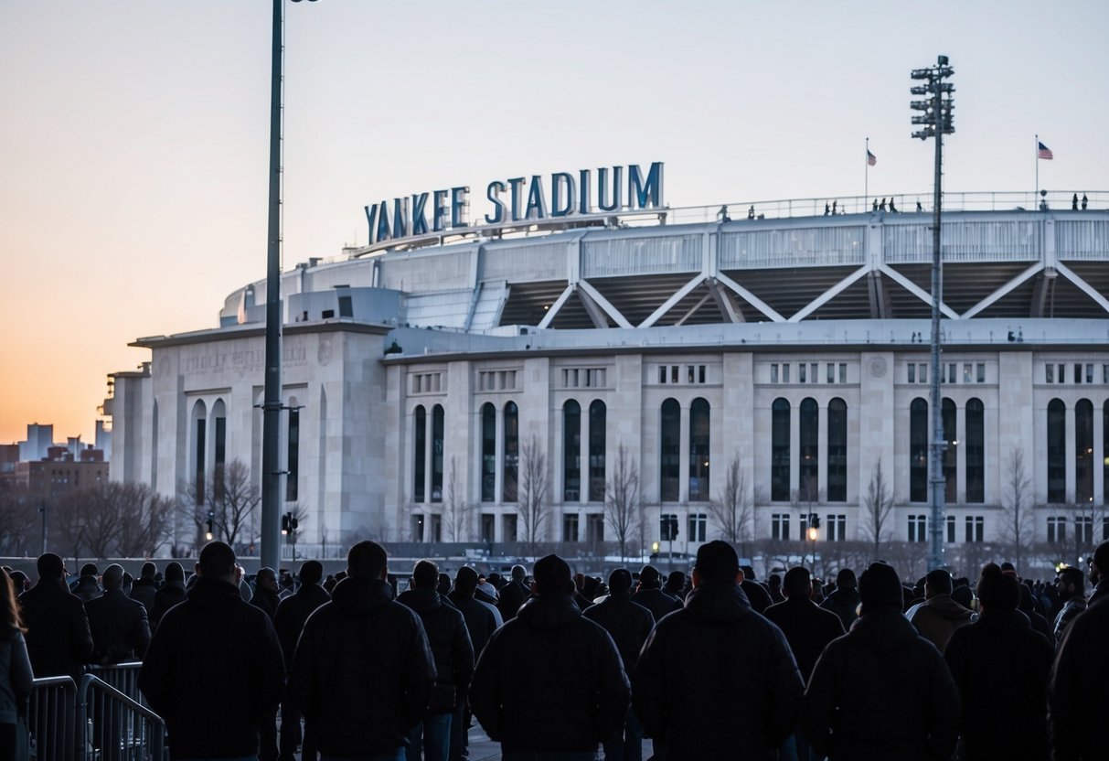 The sun sets over Yankee Stadium as crowds gather for a game, the iconic facade glowing in the evening light