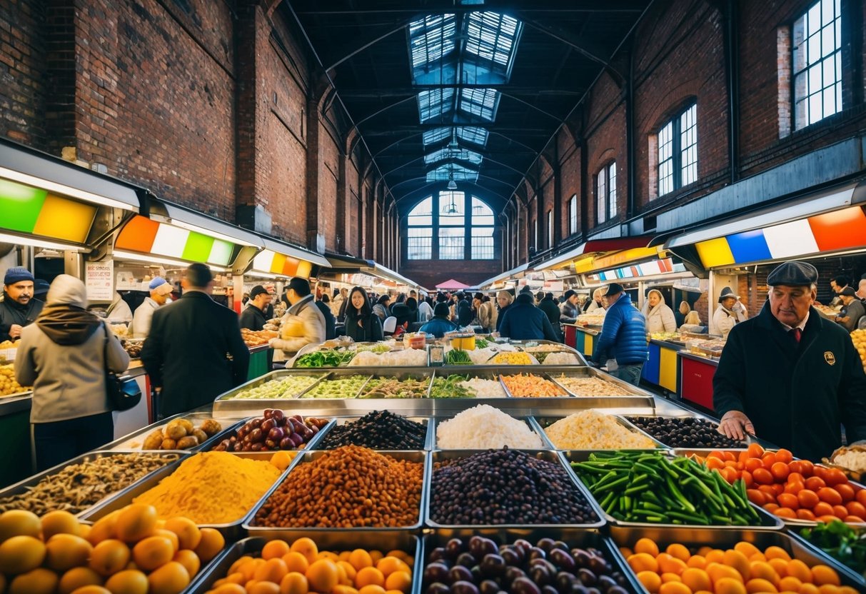 A bustling market with colorful stalls and diverse food vendors, surrounded by historic brick walls and industrial architecture