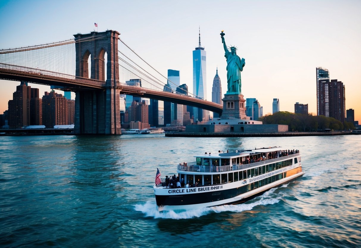 A circle line sightseeing cruise passes by iconic landmarks in NYC, including the Statue of Liberty and the Brooklyn Bridge