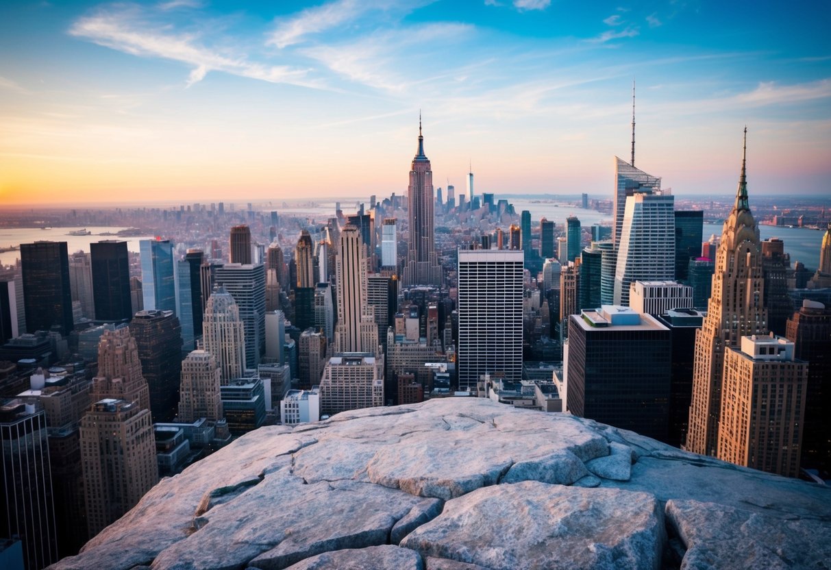 A panoramic view from the Top of the Rock, with the iconic New York City skyline and landmarks in the distance