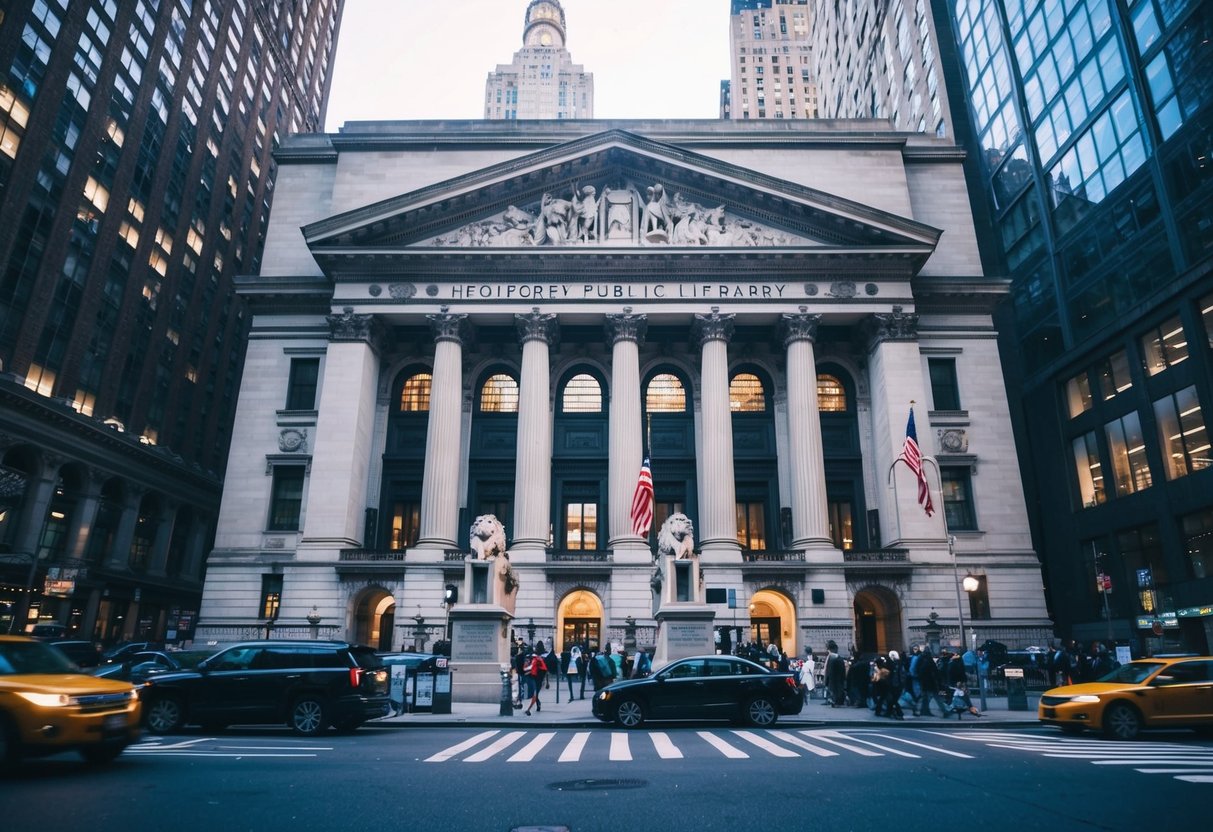 The New York Public Library facade on Fifth Avenue, with its iconic lion statues guarding the entrance, surrounded by bustling city streets